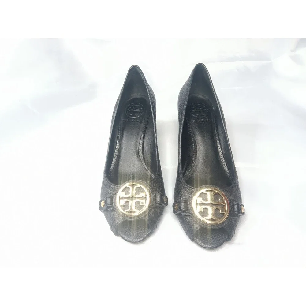 Tory Burch Black Leather Sally Wedge Pumps Women's Shoes Size 6.5 M
